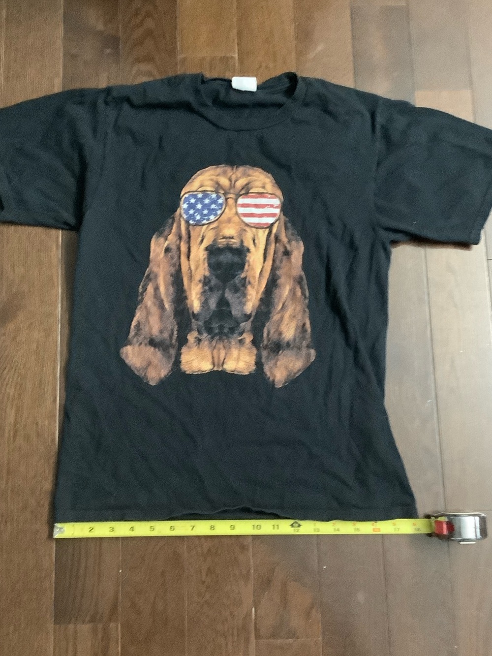 Black Graphic Tee with bloodhound and American Flag, Sunglasses
